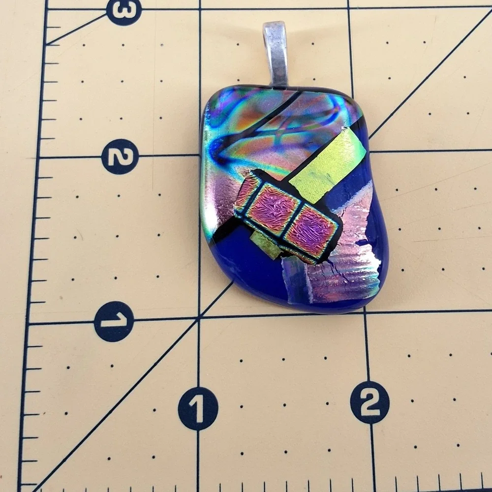 Artisan Dichroic Fused Glass Pendant Iridescent‎ Cobalt Blue Geometric Jewelry